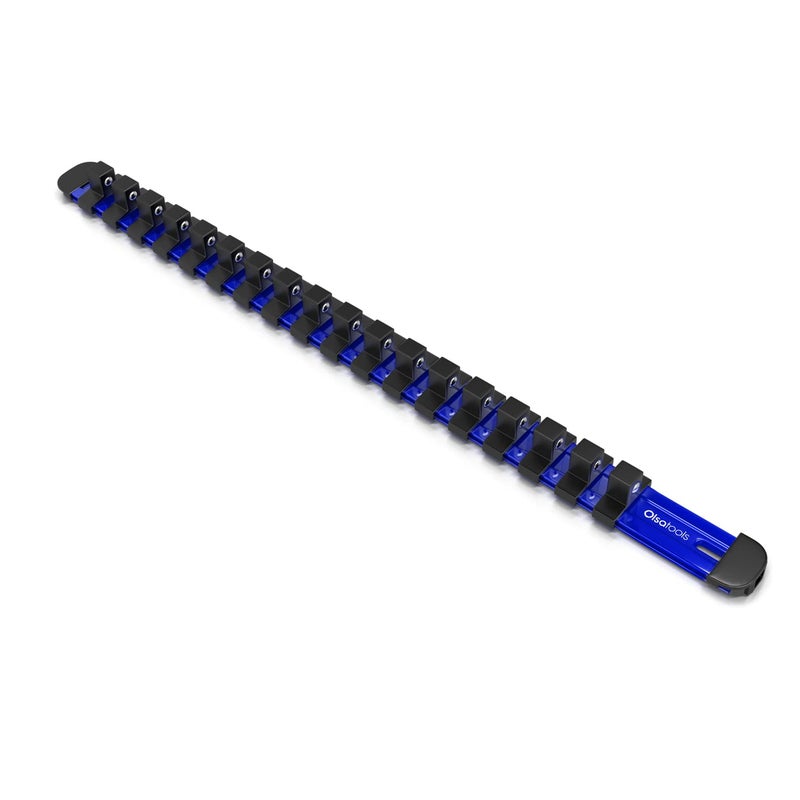 Olsa Tools Aluminum Socket Organizer with Locking End Caps - 3/8-Inch Drive - Blue Socket Holder Rails for Chrome or Impact Sockets - Compact and Durable Socket Storage Solution - Part: 1175 - Image 1